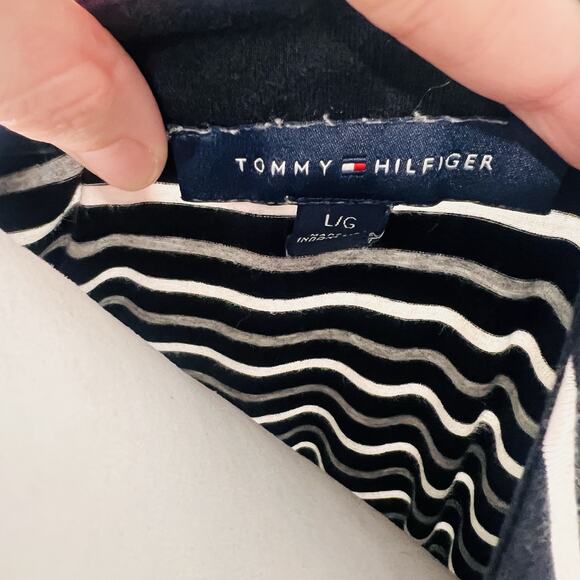Striped Tommy Hilfiger Navy Blue Gray And White Form Fitting Dress Size L - Picture 3 of 5